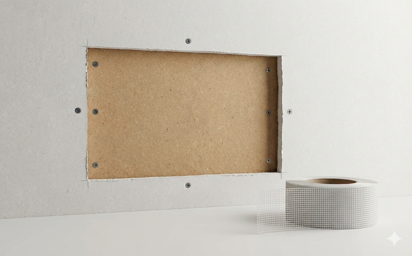 Backer board installed behind a drywall cutout to support a stable patch