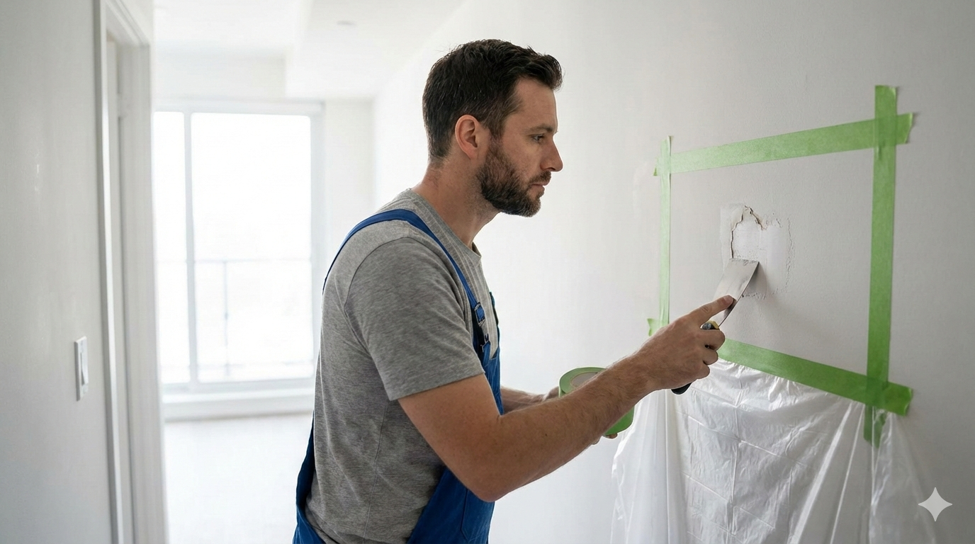 Handyman repairing a small drywall hole in a Toronto condo with masking and dust control