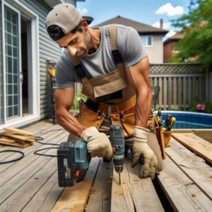 Handyman repairing a wooden deck and fence in a Scarborough backyard