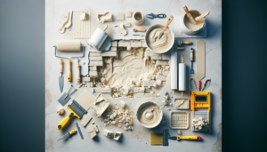 Person repairing drywall with tools and materials.
