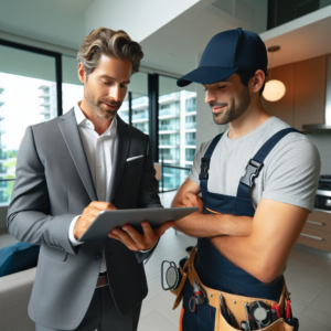 Property manager reviewing repair documentation with a handyman in a Scarborough condo unit