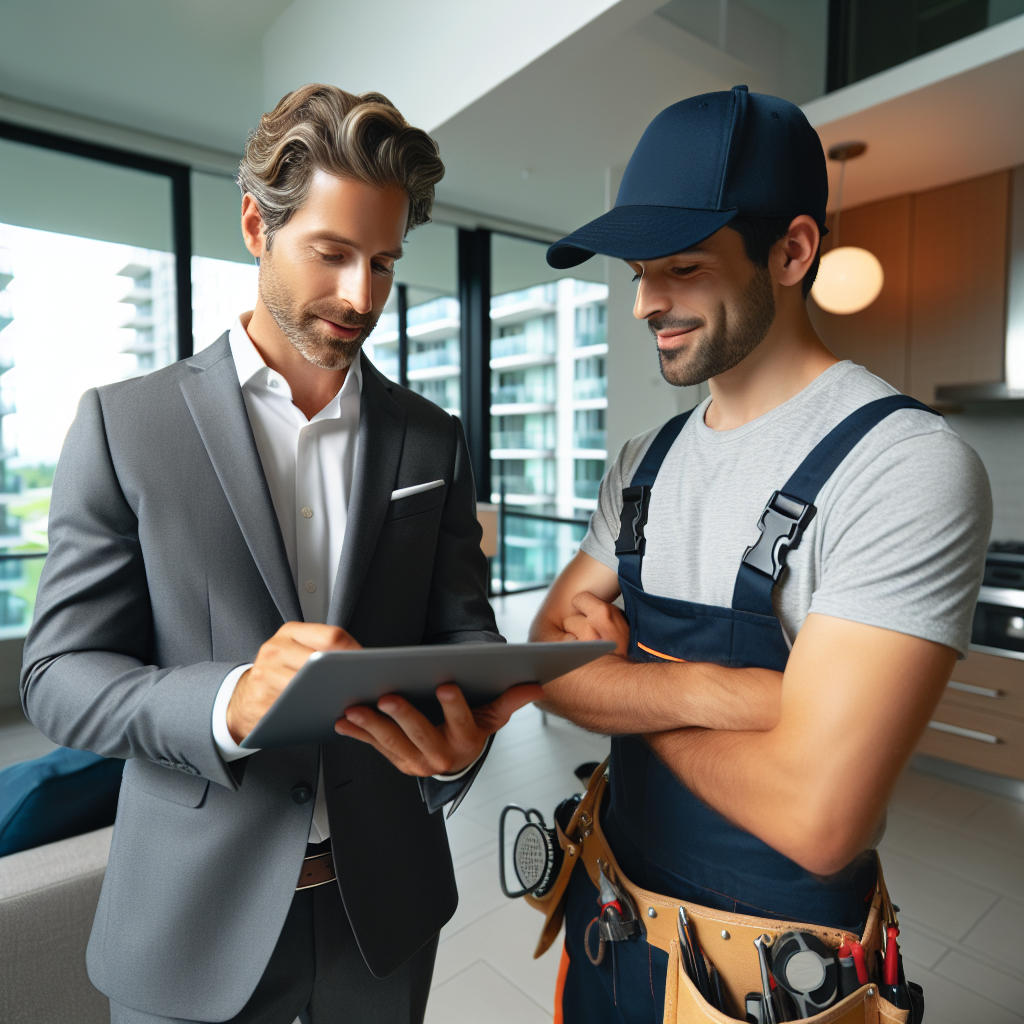 Property manager reviewing repair documentation with a handyman in a Scarborough condo unit
