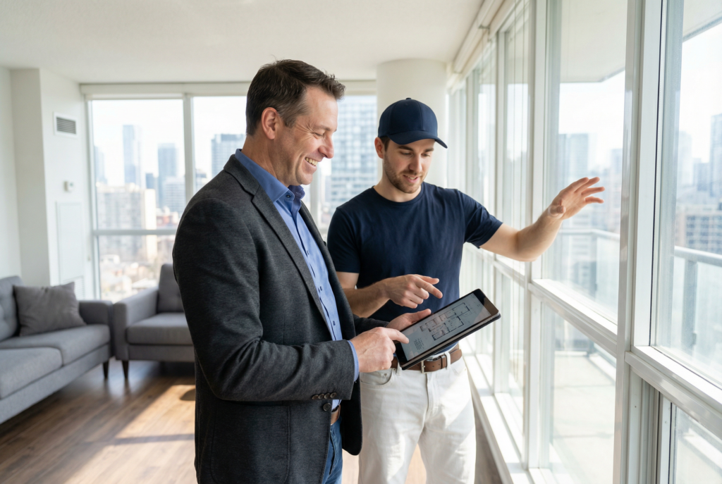 Real estate agent and a handyman in a baseball cap reviewing a repair list on a tablet in a bright condo
