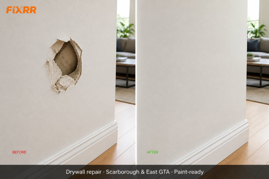 Drywall patch Scarborough before and after paint-ready finish